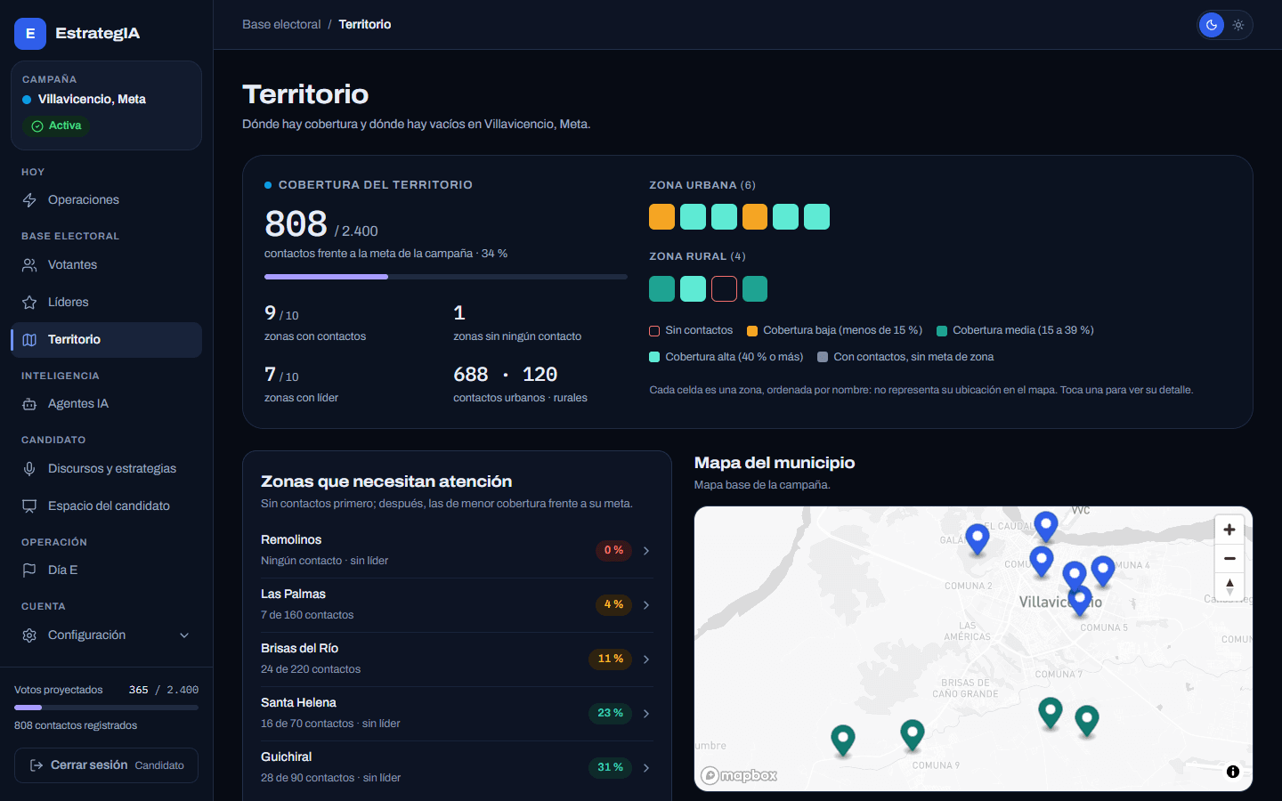 Pantalla de Territorio con datos de demostración: cobertura por zona urbana y rural, zonas que necesitan atención y mapa del municipio.